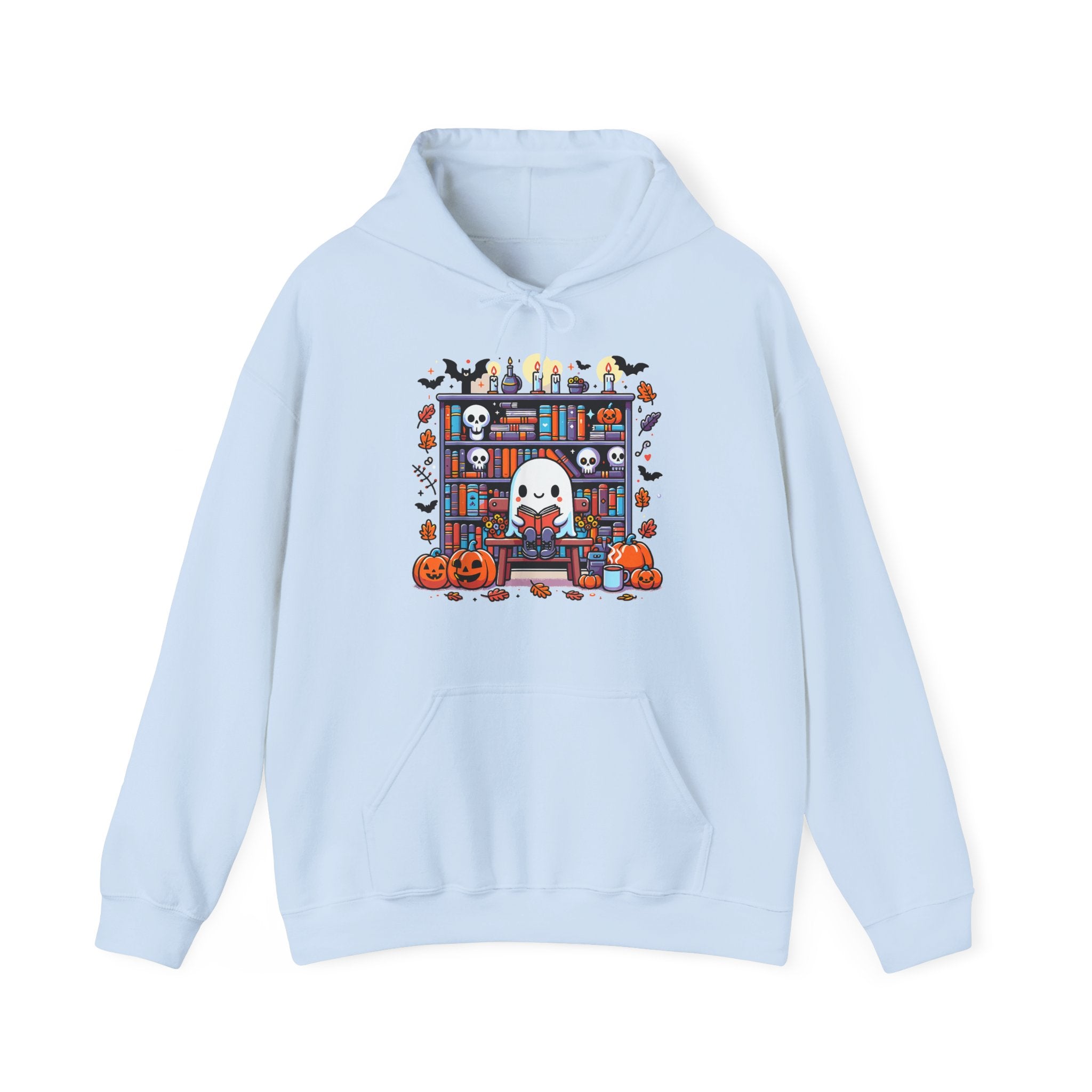 Ghost Reading Book in Library Pumpkin Halloween Fall Hoodie