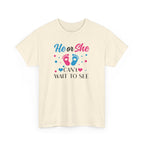 Gender Reveal Graphic Tee, He or She Can't Wait To See Shirt, Unisex Cotton T-Shirt, Pregnancy Announcement, Baby Shower Gift, Maternity Top