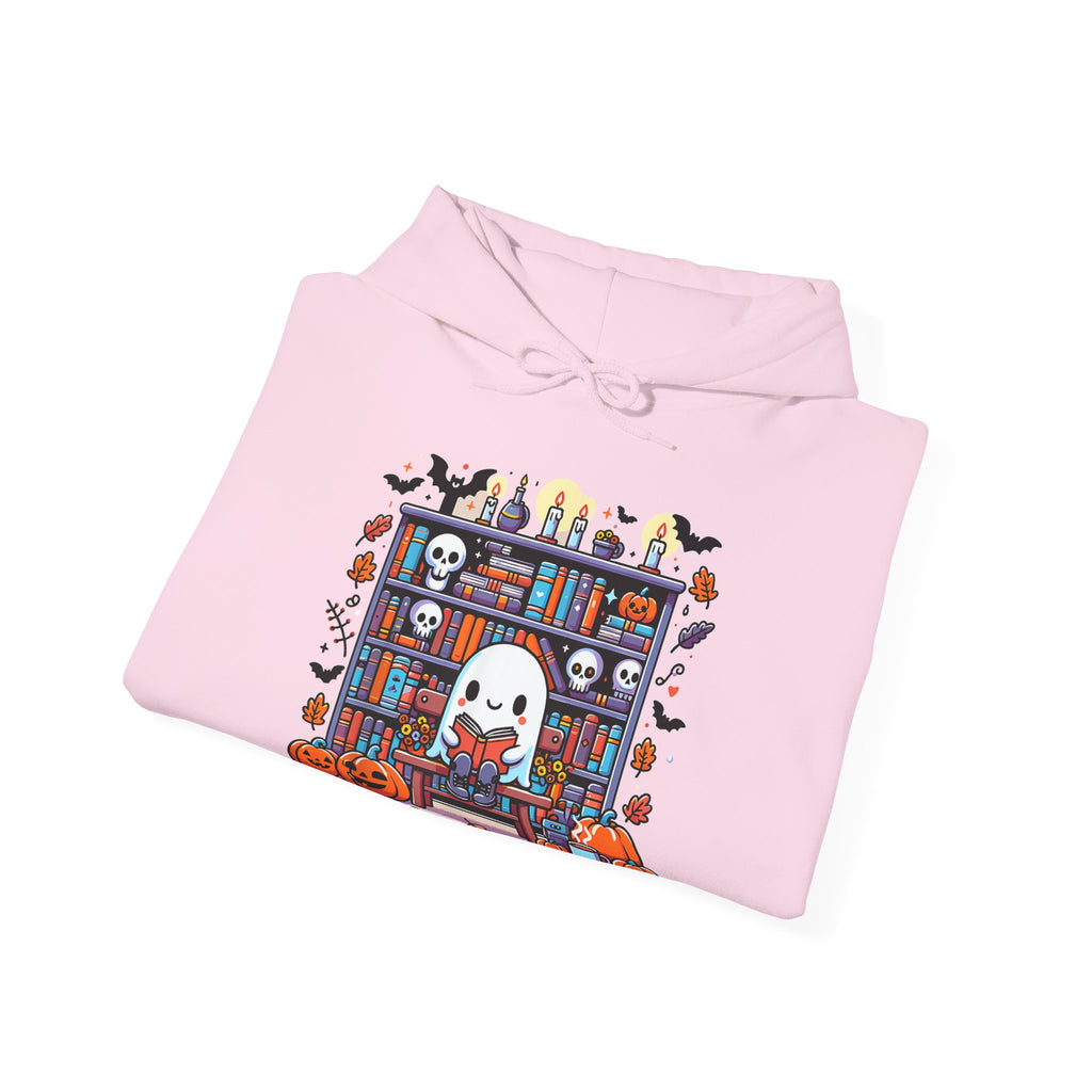 Ghost Reading Book in Library Pumpkin Halloween Fall Hoodie