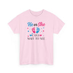Gender Reveal Graphic Tee, He or She Can't Wait To See Shirt, Unisex Cotton T-Shirt, Pregnancy Announcement, Baby Shower Gift, Maternity Top