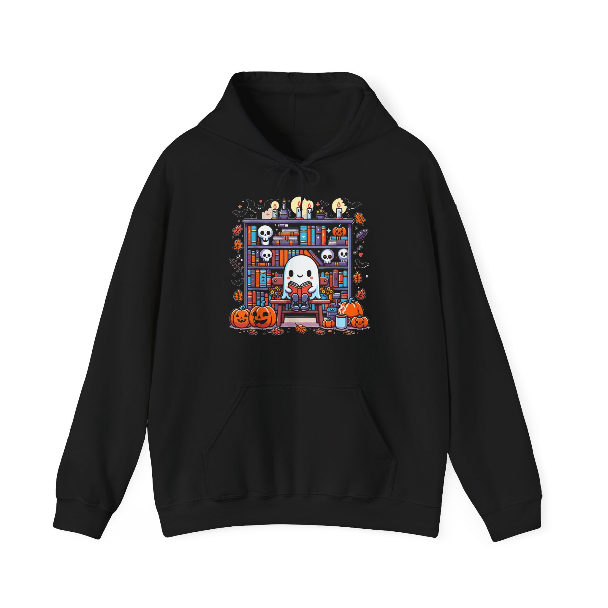 Ghost Reading Book in Library Pumpkin Halloween Fall Hoodie