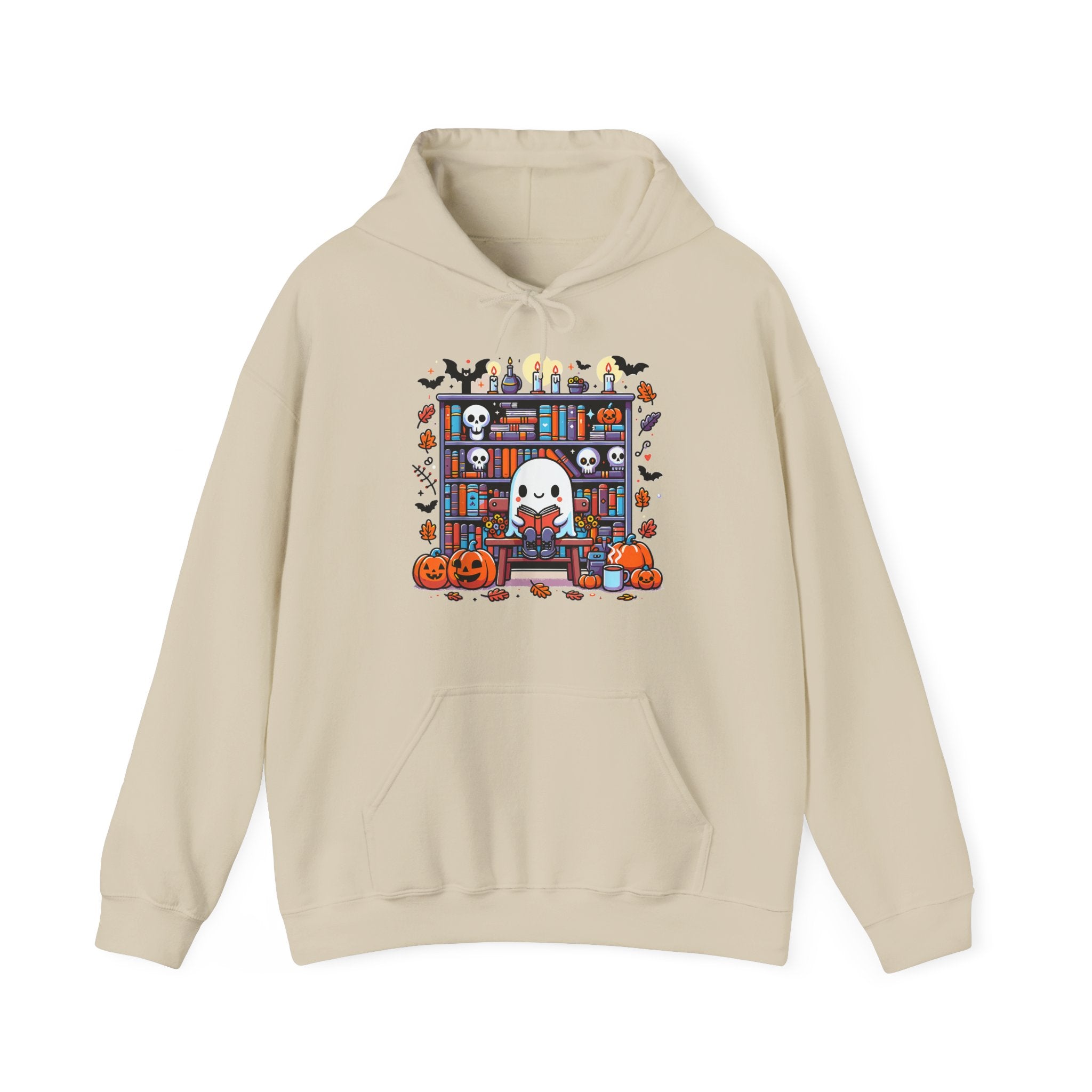 Ghost Reading Book in Library Pumpkin Halloween Fall Hoodie