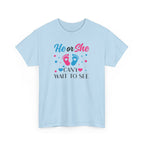 Gender Reveal Graphic Tee, He or She Can't Wait To See Shirt, Unisex Cotton T-Shirt, Pregnancy Announcement, Baby Shower Gift, Maternity Top