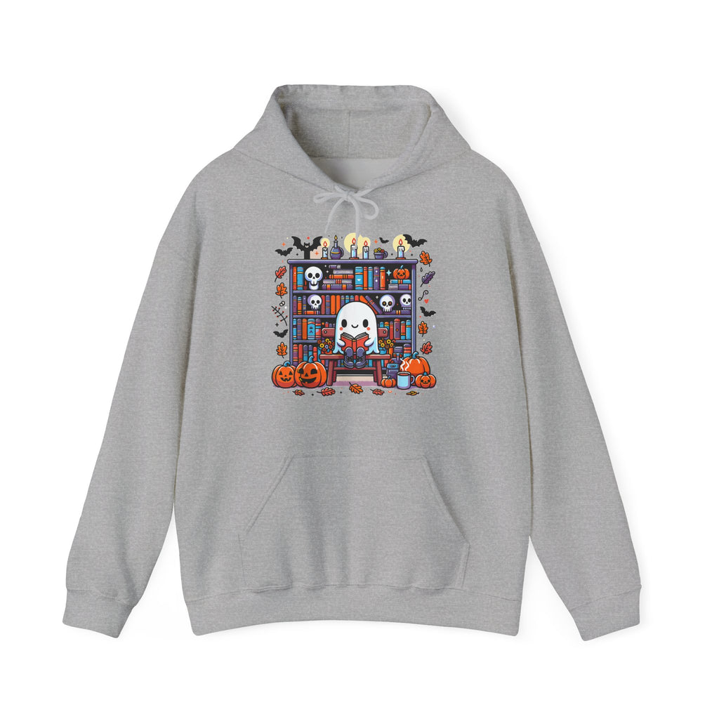 Ghost Reading Book in Library Pumpkin Halloween Fall Hoodie