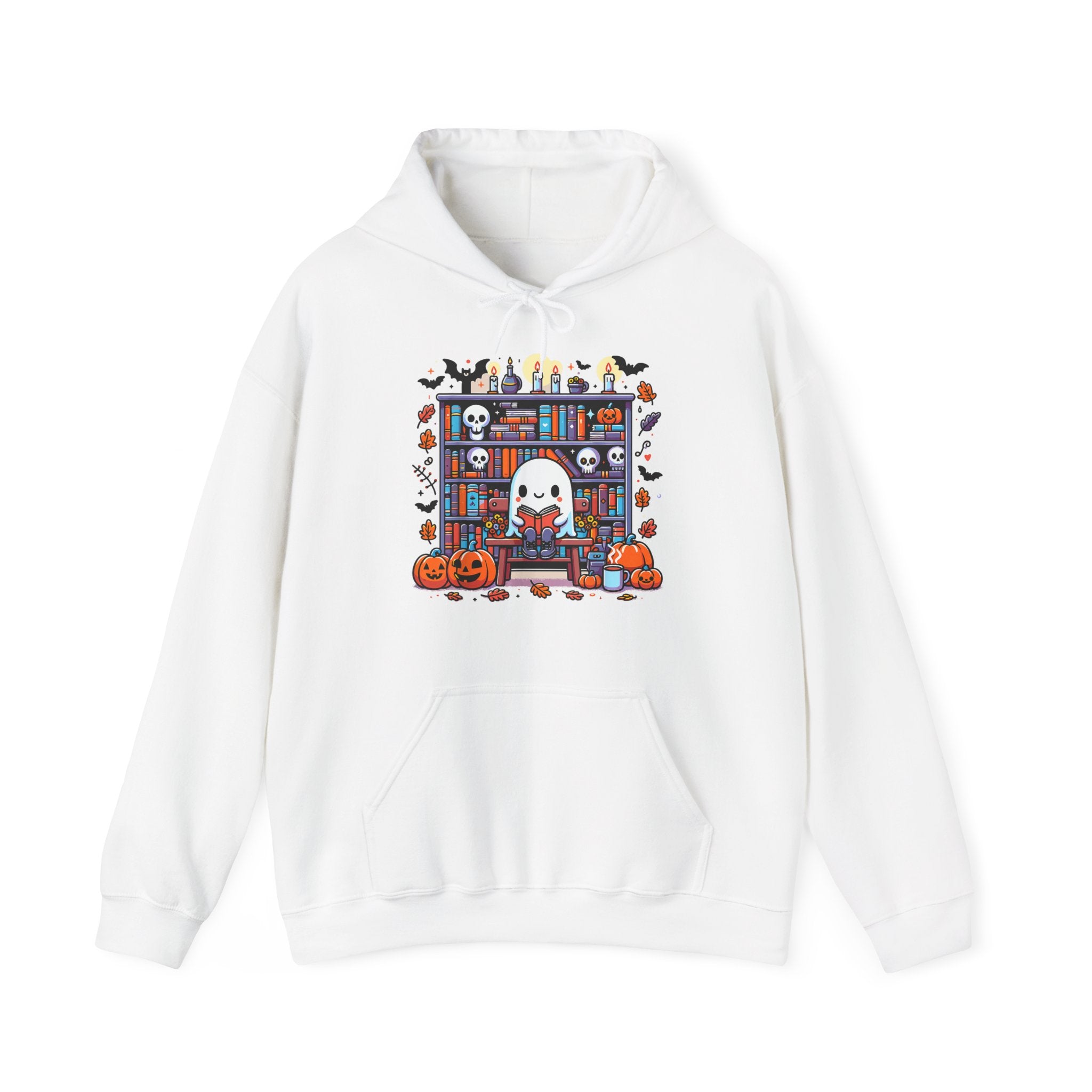 Ghost Reading Book in Library Pumpkin Halloween Fall Hoodie